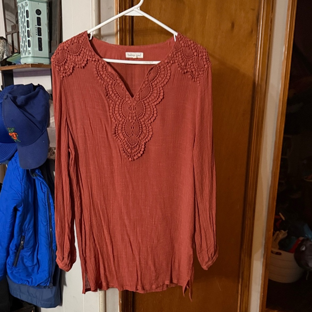 Indigo Soul Terracotta Blouse with Crochet Accents